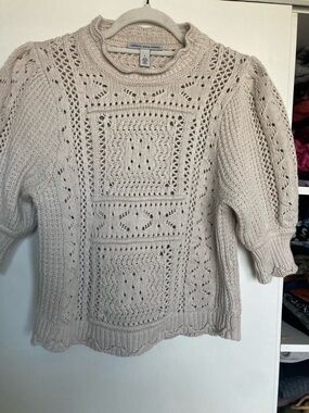 Autumn Cashmere Openwork Crochet Crewneck SS Sweater in Light Beige size S